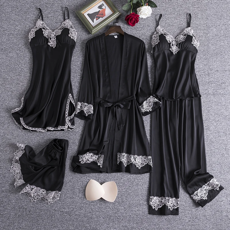 Women 5PCS Sleepwear Kimono Bathrobe Gown Satin Pajamas Set Sexy Lace Pyjamas Loungewear Casual Intimate Lingerie Homewear
Women 5PCS Sleepwear Kimono Bathrobe Gown Satin Pajamas Set Sexy Lace Pyjamas Loungewear Casual Intimate Lingerie Homewear