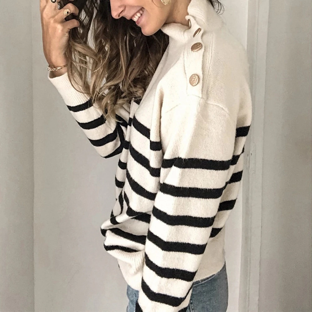 Women Turtleneck Sweater Autumn Winter Long Sleeve Loose Knitted Sweater 2020 Fashion Striped Button Pullovers Elegant Jumpers
Women Turtleneck Sweater Autumn Winter Long Sleeve Loose Knitted Sweater 2020 Fashion Striped Button Pullovers Elegant Jumpers