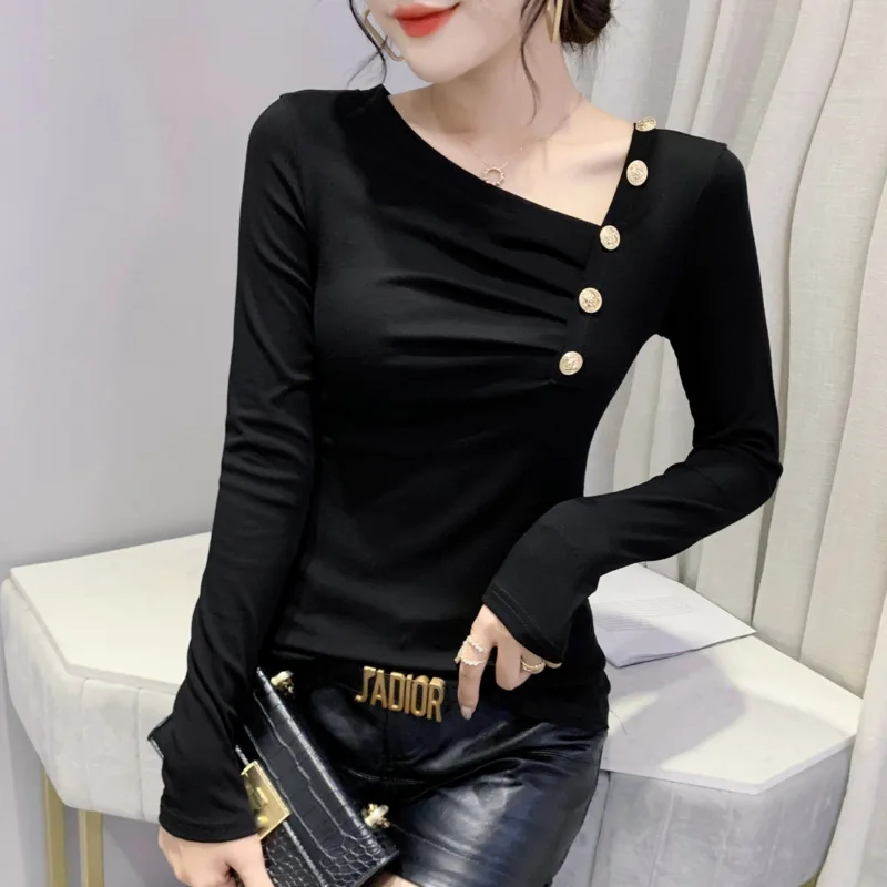 #8762 Black Green Red Long Sleeve T Shirt Women Skew Collar Buttons Sexy Spring Autumn Basic T Shirt Female Cotton Tight Top
#8762 Black Green Red Long Sleeve T Shirt Women Skew Collar Buttons Sexy Spring Autumn Basic T Shirt Female Cotton Tight Top