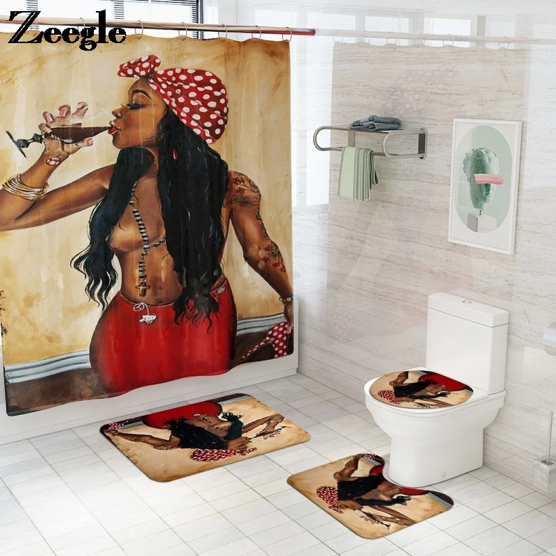 Коврик для ванной и душевая занавеска привлекательной Африканской девушки Набор
