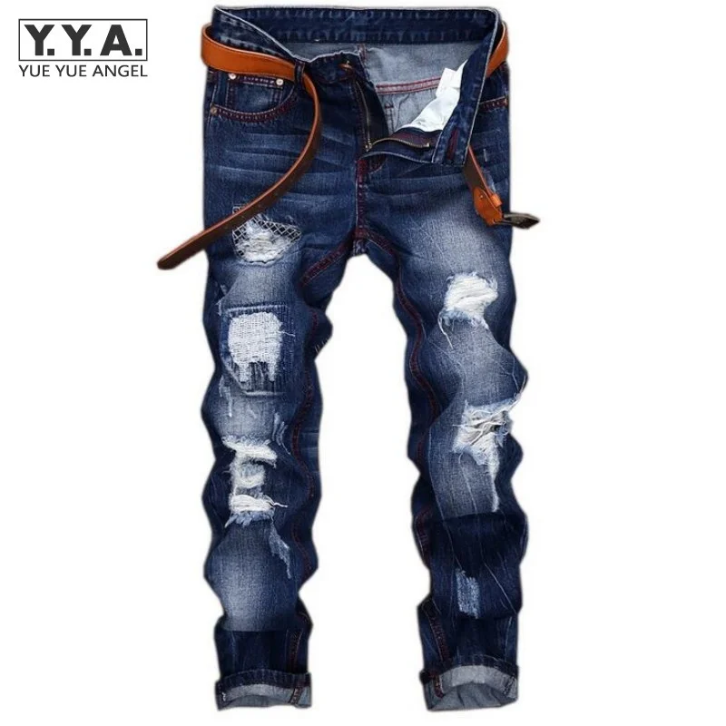 

Punk Personality Mens Jeans Trousers Hole Ripped Denim Pants Back Fashion Embroidery Cowboy Retro Pantalones Free Shipping