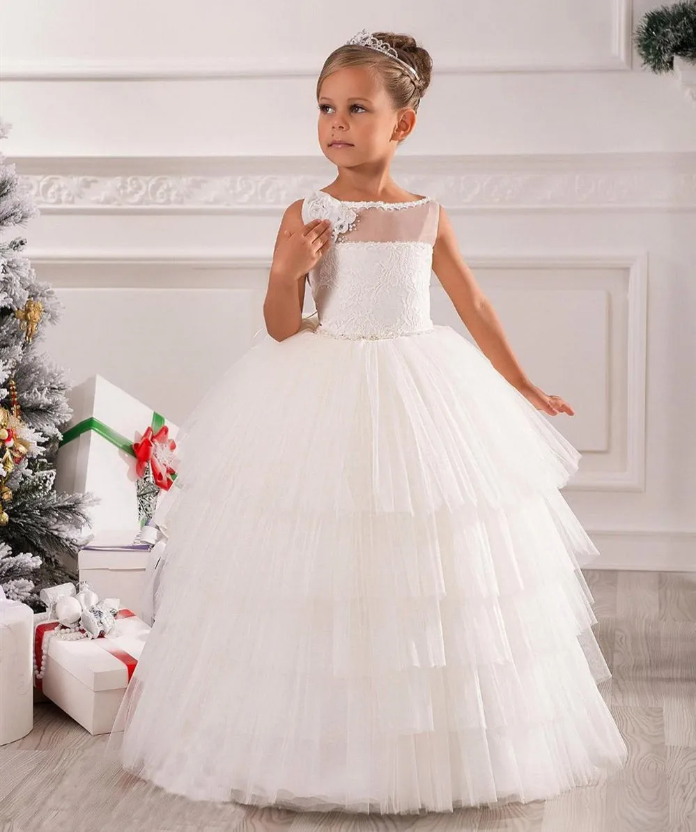 

Puffy Ivory White Flower Girl Dress Sheer Neck Tiered Skirt Children Wedding Party Gown Kids First Communion Dress