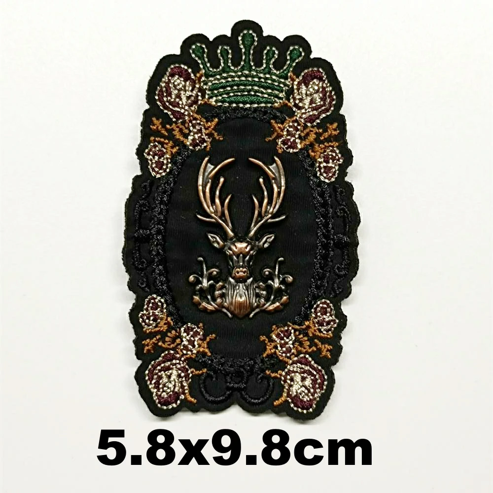Design embroidery metal crown deer flower leaf embroideried patches for clothing HE-3217
Design embroidery metal crown deer flower leaf embroideried patches for clothing HE-3217