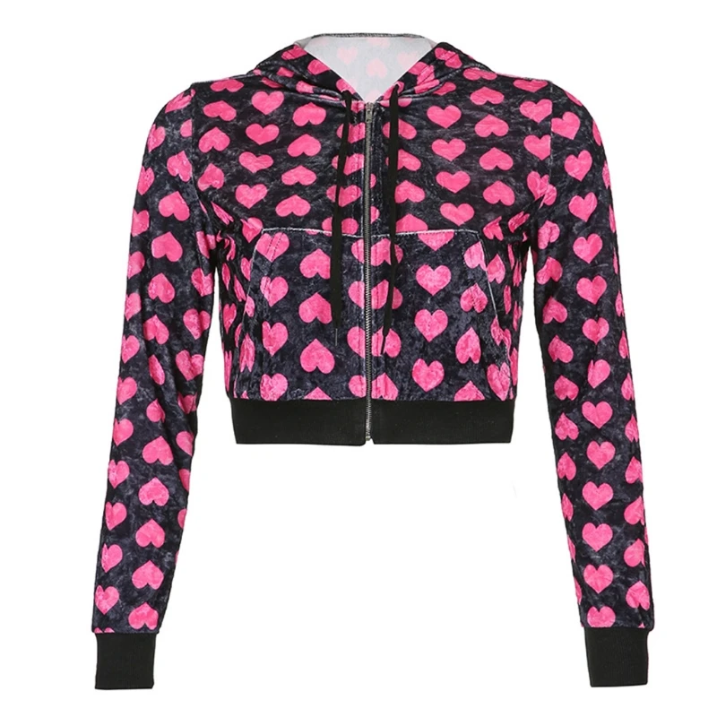 Women Heart Print Velvet Jacket Kawaii Long Sleeve Zip Up Cropped Sweatshirt L41B 
Women Heart Print Velvet Jacket Kawaii Long Sleeve Zip Up Cropped Sweatshirt L41B
