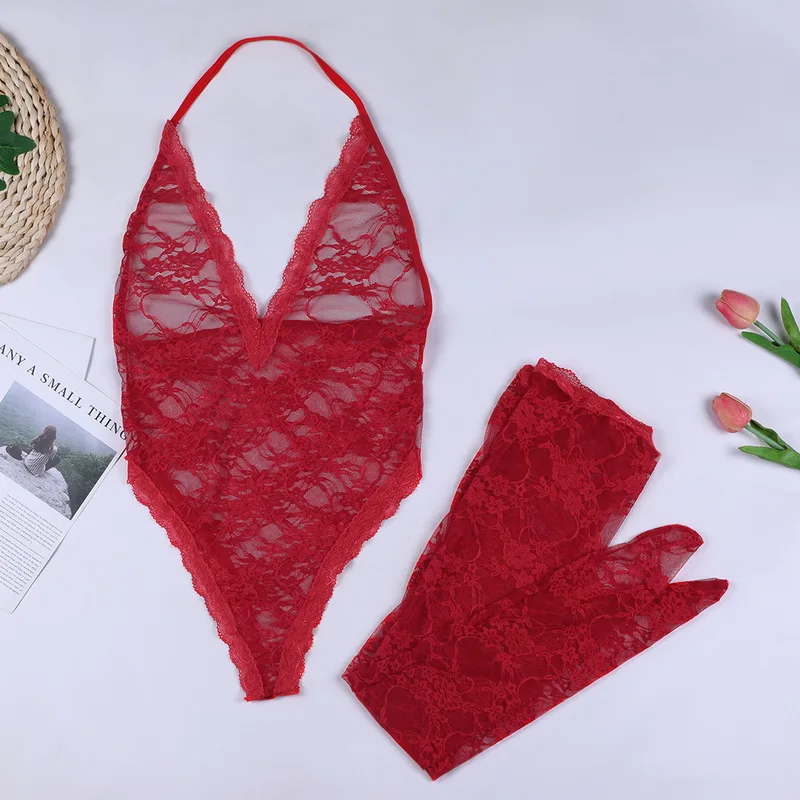 Women's Sexy Lace Bodysuit Sleeveless See-through Backless Deep V-neck Skinny Halter Jumpsuit With Socks Female New Style
Women's Sexy Lace Bodysuit Sleeveless See-through Backless Deep V-neck Skinny Halter Jumpsuit With Socks Female New Style