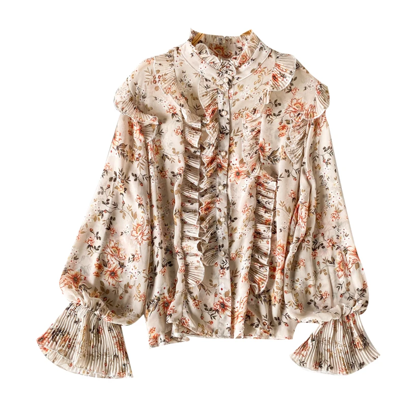 Spring Autumn Women's shirt Korean Floral Stand Collar Chiffon Top New Style Pleated Long Sleeve Slim Blouses LL141
Spring Autumn Women's shirt Korean Floral Stand Collar Chiffon Top New Style Pleated Long Sleeve Slim Blouses LL141