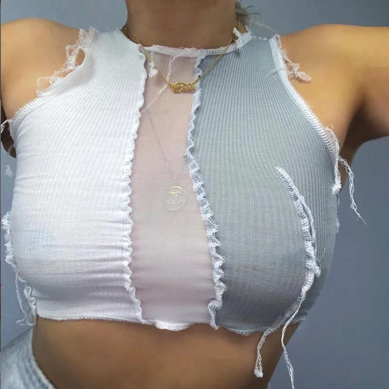 Punk Top Seasons Women Mesh See Through Sexy Crop Top Lady Sleeveless Striped Patchwork Lace Tanks Clubwear Bodycon Tee Female
Punk Top Seasons Women Mesh See Through Sexy Crop Top Lady Sleeveless Striped Patchwork Lace Tanks Clubwear Bodycon Tee Female
