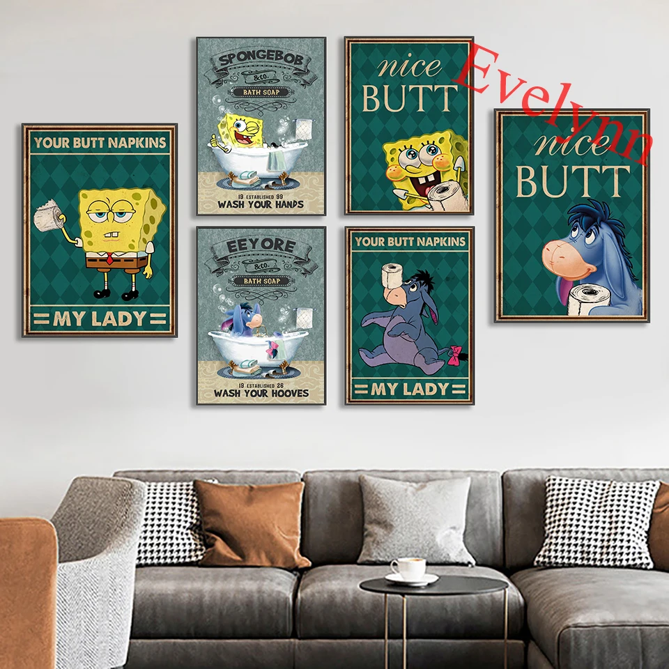 

Funny Paper Toilet Nice Butt Poster Sponge-Bob Eeyore Lovers Little Donkey Home Bathroom Restroom Decor Canvas Wall Art Prints