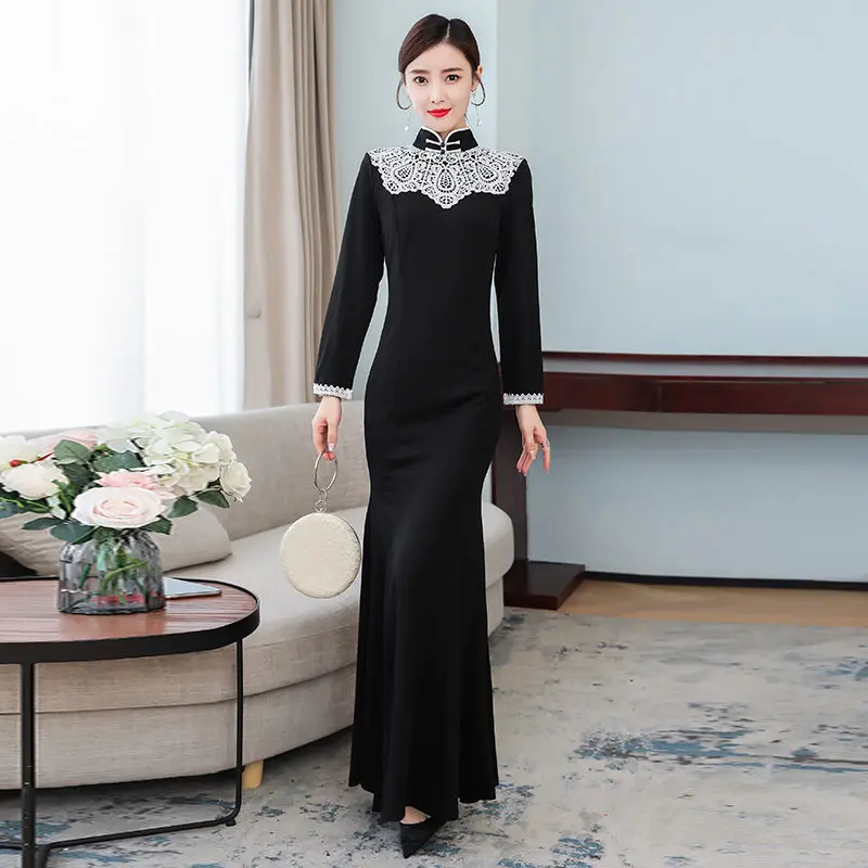 Fishtail Retro Black Lace Patchwork Fashion Chinese Style Maxi Dress Cheongsam Banquet Elegant Dress Split Vestido De Fiesta y10
Fishtail Retro Black Lace Patchwork Fashion Chinese Style Maxi Dress Cheongsam Banquet Elegant Dress Split Vestido De Fiesta y10