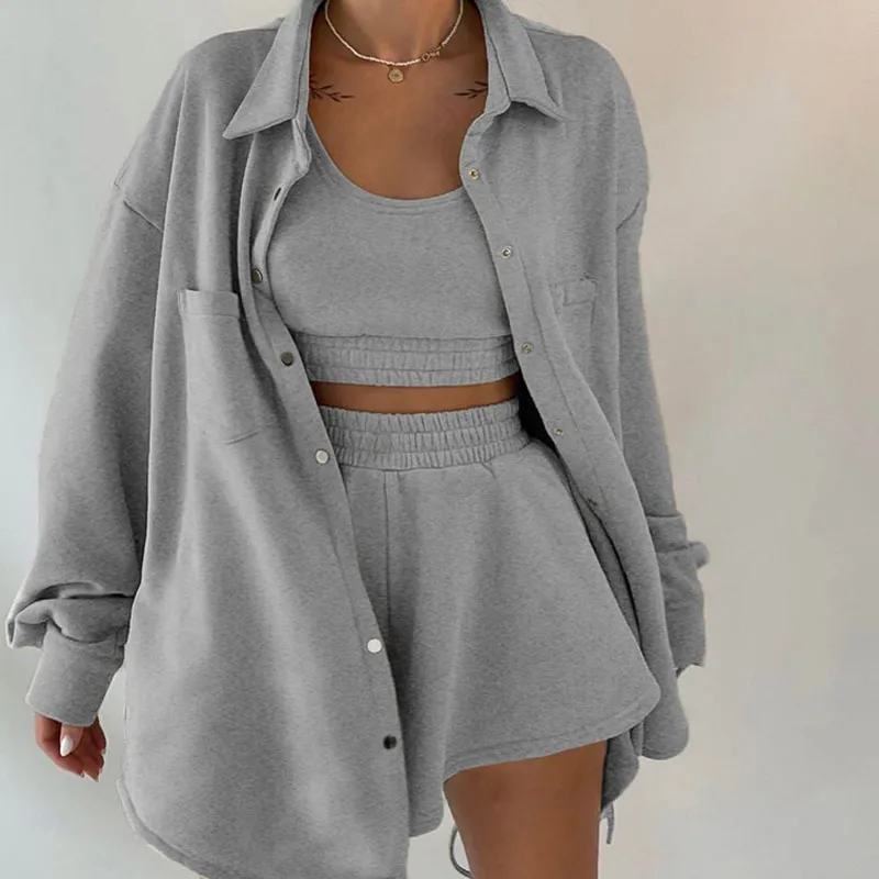 Women Tracksuit Set Outfits Sporty Clothing Single Breasted Jackets Sexy Camisole Joggers Shorts 3 Piece Set Woman 2021 Autumn
Women Tracksuit Set Outfits Sporty Clothing Single Breasted Jackets Sexy Camisole Joggers Shorts 3 Piece Set Woman 2021 Autumn