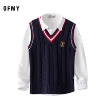 GFMY 2019 Autumn 100% Oxford Textile Cotton Solid Color 3T-14T boys white Shirt  weater vest 2pcs Kid Casual School Clothes