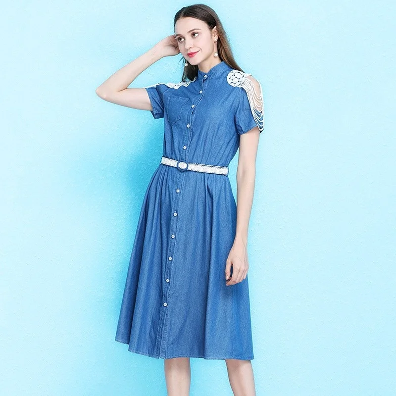 Sexy Off The Shoulder Hollow Out Stand Collar Womens Denim Dresses Single Breasted Sashes Slim Knee Length Big Hem A-Line Dress
Sexy Off The Shoulder Hollow Out Stand Collar Womens Denim Dresses Single Breasted Sashes Slim Knee Length Big Hem A-Line Dress