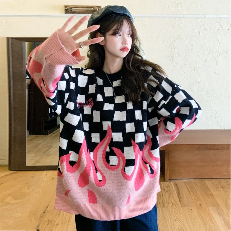 Spring Sweater Men Women Streetwear Hip Hop Oversize Sweater Harajuku Check Flame Sweater Loose Round Neck Long Sleeve Pullover
Spring Sweater Men Women Streetwear Hip Hop Oversize Sweater Harajuku Check Flame Sweater Loose Round Neck Long Sleeve Pullover