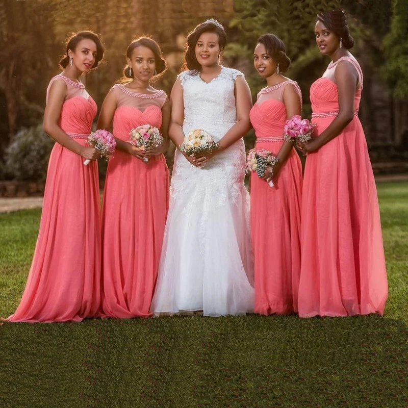 Watermelon Beaded Chiffon Bridesmaid Dresses Sheer Neck Pleated Floor Length African Bridesmaid Gowns Wedding Guest Dress
Watermelon Beaded Chiffon Bridesmaid Dresses Sheer Neck Pleated Floor Length African Bridesmaid Gowns Wedding Guest Dress
