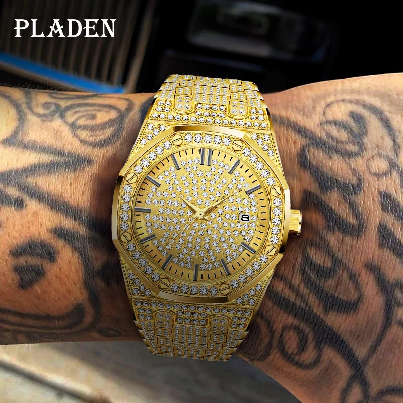 Men Watches Hip Hop Style Full Diamond Luxury 18k Gold Watch For Male Fashion Design AAA PLADEN Top Brand Automatic Date Clock
Men Watches Hip Hop Style Full Diamond Luxury 18k Gold Watch For Male Fashion Design AAA PLADEN Top Brand Automatic Date Clock