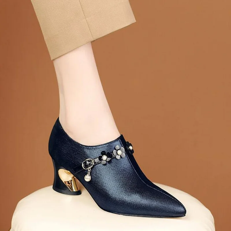 

FHANCHU 2022 Spring Women High Heels,Sheepskin Leather Shoes,Vogue Block Heel,Pearls,Pointed Toe,Side Zip,BLUE,BLACK,Dropship