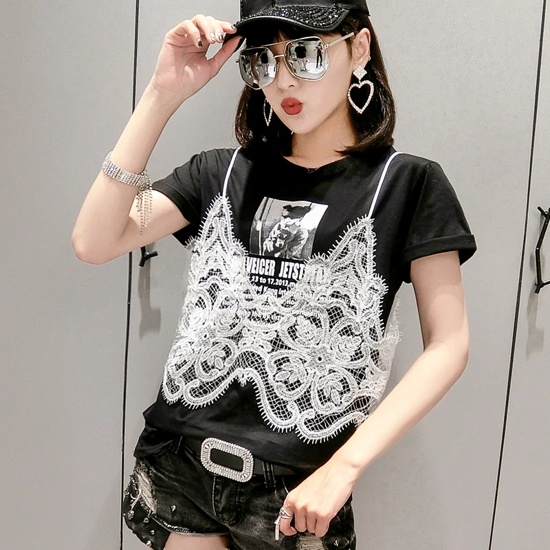 Women T Shirt New Arrival Short Sleeve Tops Cotton Fake Two Pieces Lace Patchwork Tshirts Summer Casual Fashion Tee T05309B
Women T Shirt New Arrival Short Sleeve Tops Cotton Fake Two Pieces Lace Patchwork Tshirts Summer Casual Fashion Tee T05309B