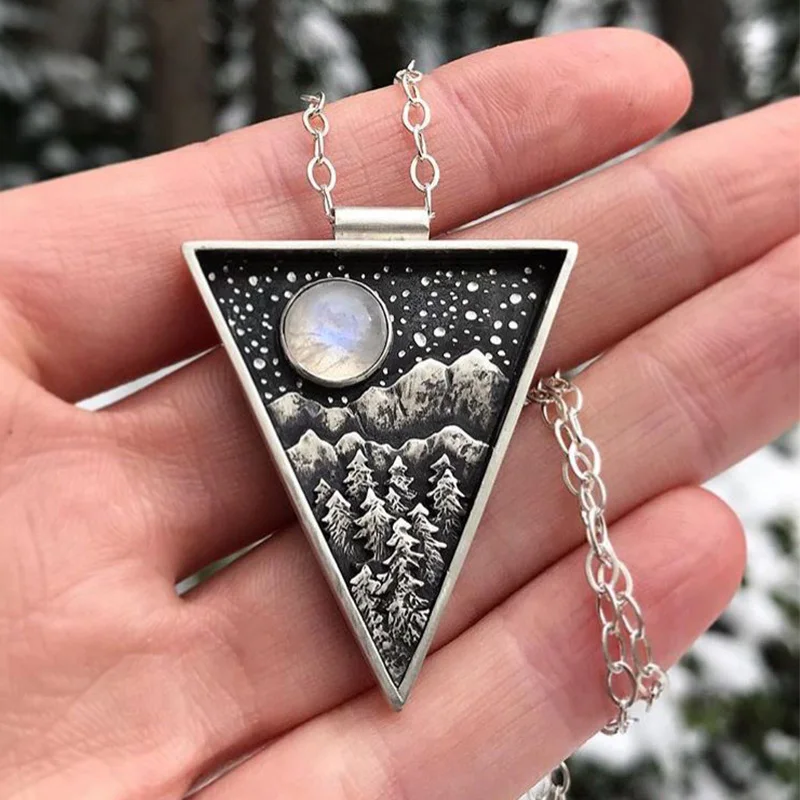 Moon Forest Mountain Pendant Necklace For Women 2021 Trendy Vintage Creative Personality Triangle Necklaces Fashion Jewelry Gift
Moon Forest Mountain Pendant Necklace For Women 2021 Trendy Vintage Creative Personality Triangle Necklaces Fashion Jewelry Gift