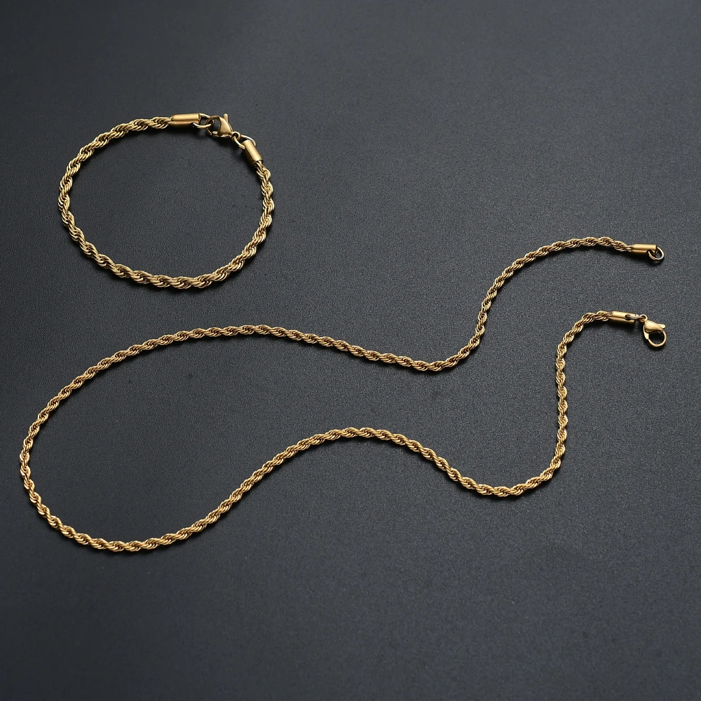 Hot sale 316L Stainless Steel Plated Gold Twist Chain Necklace & Bracelet Fashion Jewelry Set For Men and Women drop shipping
Hot sale 316L Stainless Steel Plated Gold Twist Chain Necklace & Bracelet Fashion Jewelry Set For Men and Women drop shipping