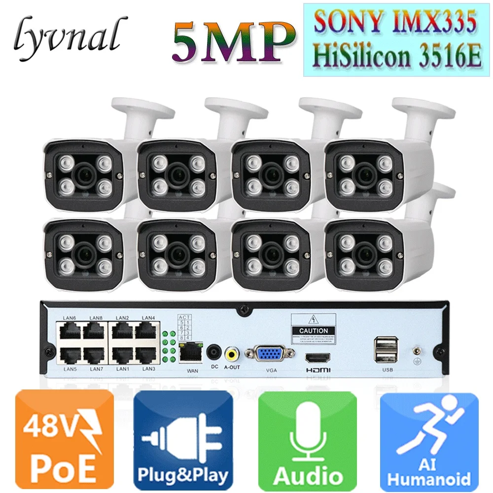 

Комплект сетевого видеорегистратора LYVNAL, 8 каналов, H.265, UHD, ip-камера sony 5 МП, аудио, poe, 48 В, 8 каналов, комплект poe для видеонаблюдения «plug and play», ...