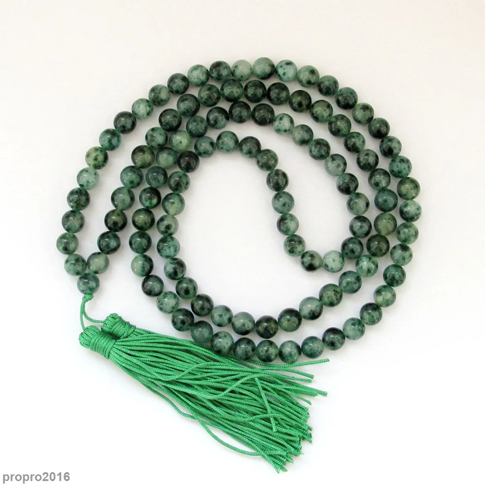 

Natural 6mm Green Jade Tibet Buddhist 108 Jade Prayer Beads Mala Necklace AAA