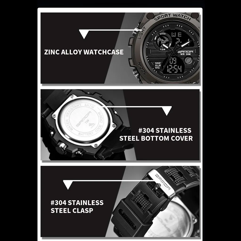 Fashion Men Sport Watch Dual Display Analog Digital LED Electronic Wrist Watch High Quality Waterproof Casual Clock Masculino
Fashion Men Sport Watch Dual Display Analog Digital LED Electronic Wrist Watch High Quality Waterproof Casual Clock Masculino