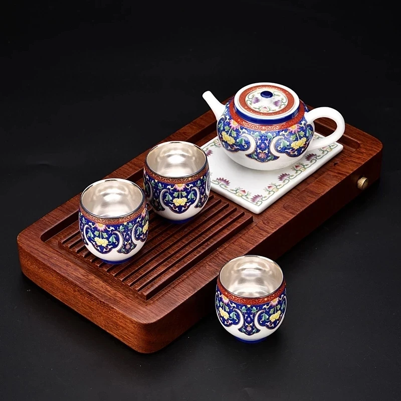 

Серебро 999 пробы, китайский подарок, Φ Gaiwan/чашки, чайный поднос из палисандра, с покрытием из чистого серебра, для офиса, путешествий