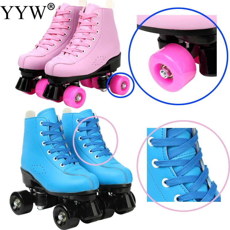 

Роликовые коньки YYW, двойные коньки, розовые, синие, для женщин и мужчин, взрослые, двойные лезвия, из искусственной кожи, 4 колеса
