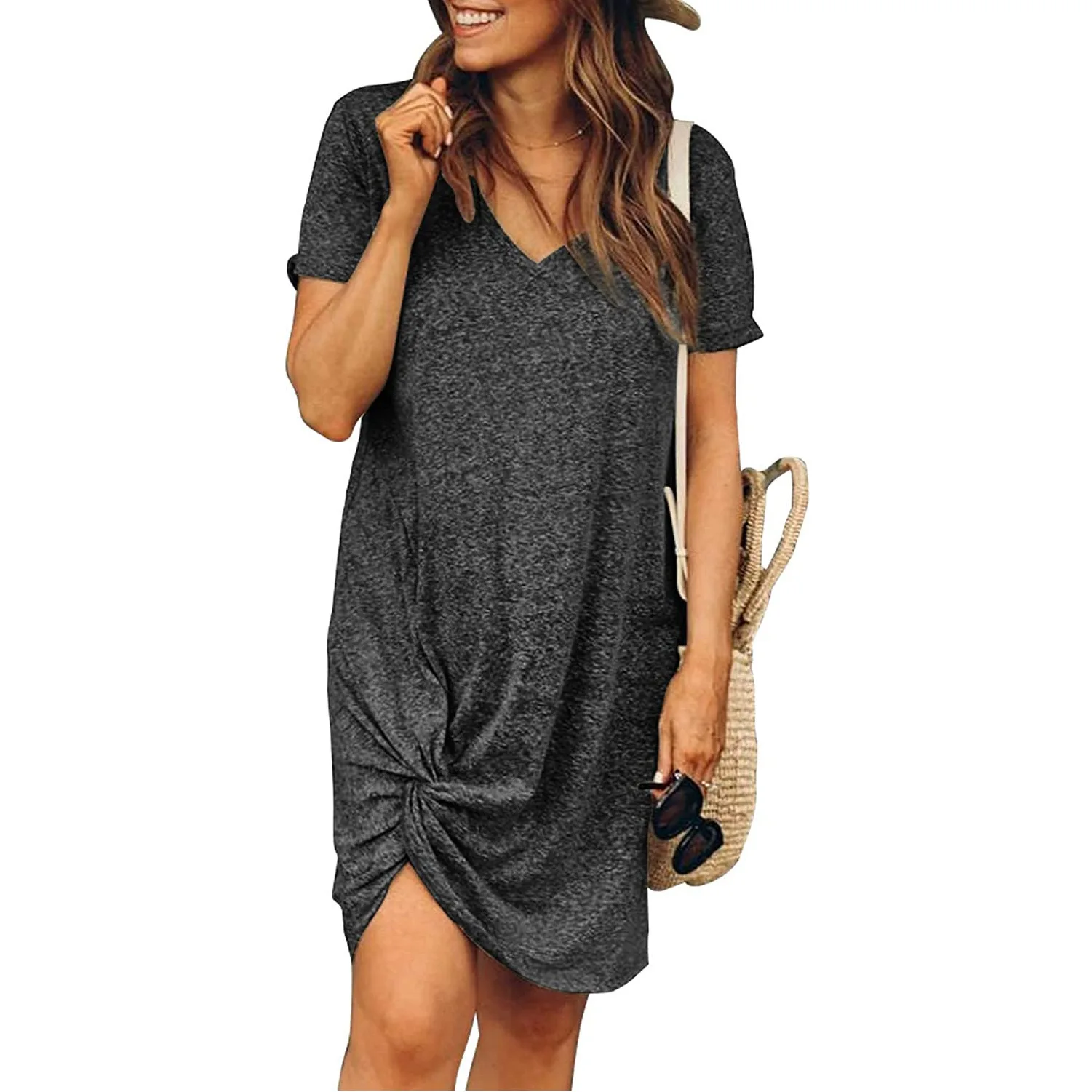 Fashion ladies trendy round neck short sleeve side knotted dress
Fashion ladies trendy round neck short sleeve side knotted dress