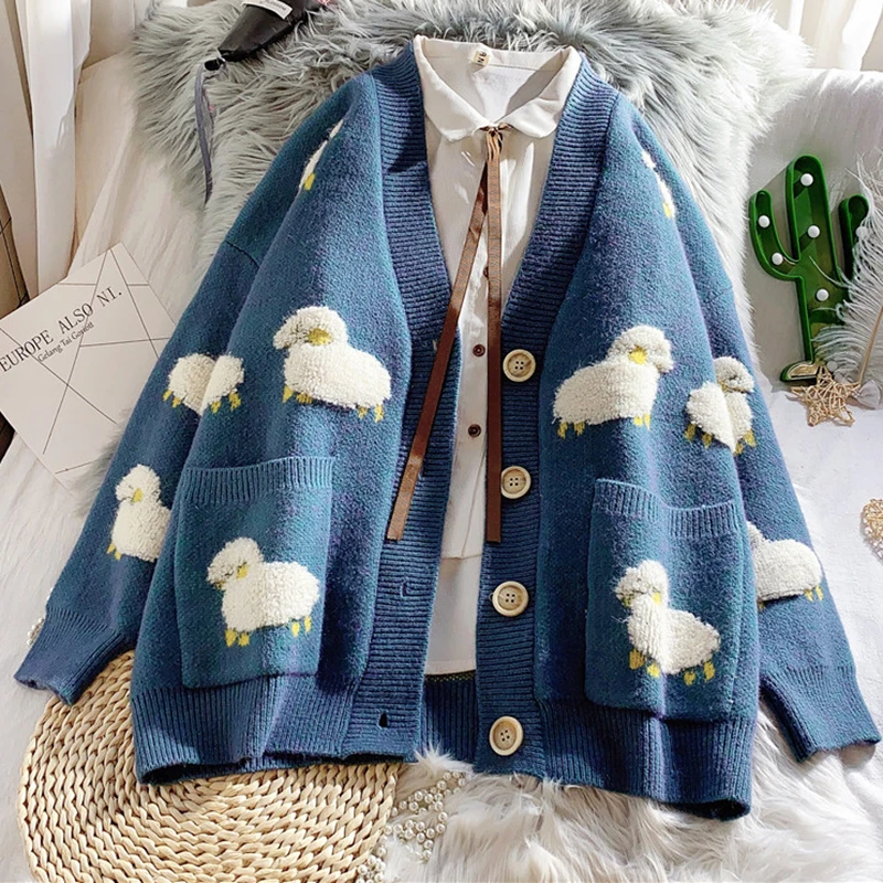 Autumn Winter Knitted Female Cardigan Loose Streetwear Knit Sweater Coat Cute Cartoon Print V Neck knitted cardigan Women Jacket
Autumn Winter Knitted Female Cardigan Loose Streetwear Knit Sweater Coat Cute Cartoon Print V Neck knitted cardigan Women Jacket