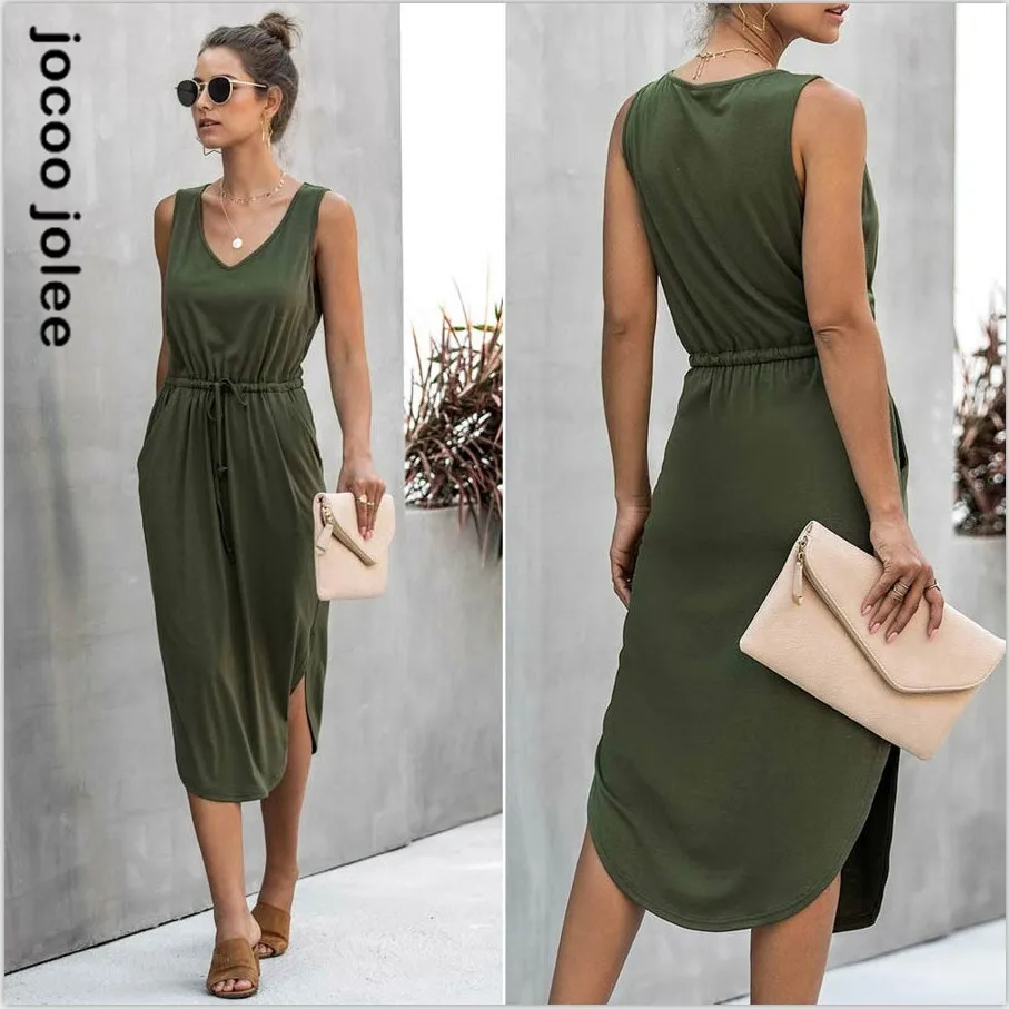 Women V Neck Sleeveless Midi Asymetrical Dress Summer Drawstring High Waist Loose Solid Sexy Sundress Shirt Long Dress Harajuku 
Women V Neck Sleeveless Midi Asymetrical Dress Summer Drawstring High Waist Loose Solid Sexy Sundress Shirt Long Dress Harajuku