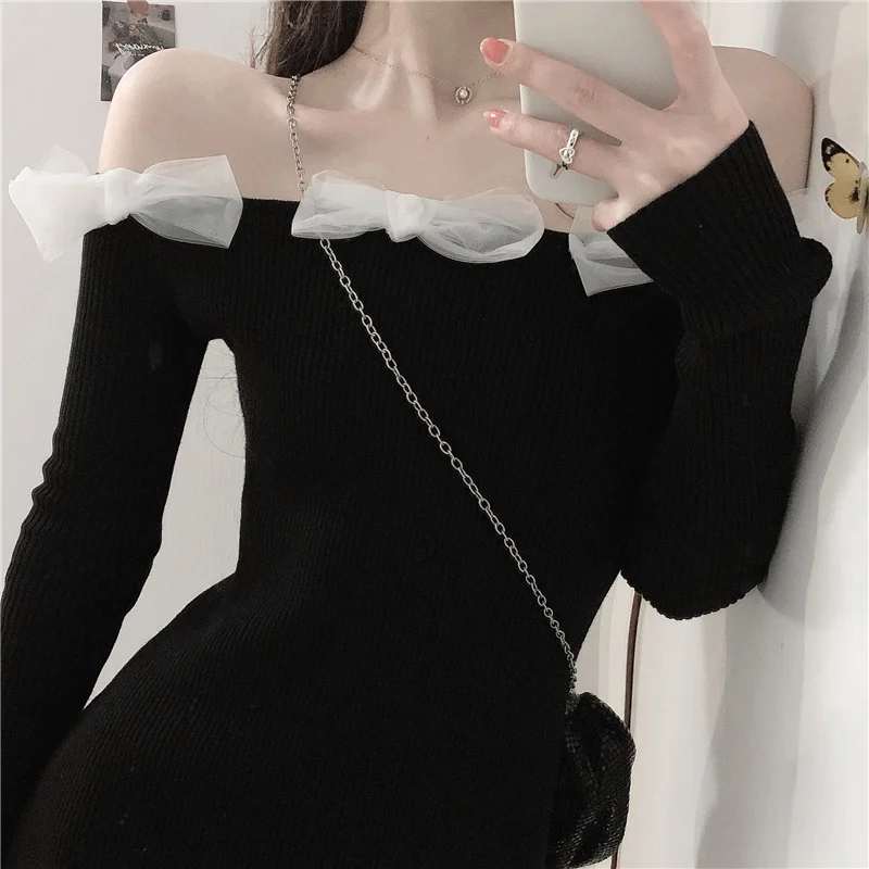 Bowknot Slash Neck Solid Knitting Sweater Cloth Sheath Bodycon Mini Sexy Night Club Women Dress
Bowknot Slash Neck Solid Knitting Sweater Cloth Sheath Bodycon Mini Sexy Night Club Women Dress