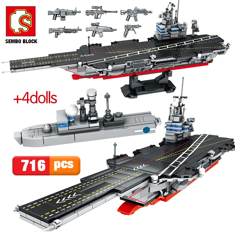 

SEMBO 716pcs City Police WW2 Aircraft Carrier Building Blocks for Military Navy Submarine Electric Boat Bricks Toys For Boys