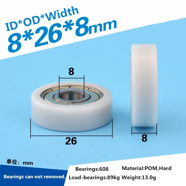 1pcs delrin POM plastic coated flat edge wheel roller 8x26x8mm 608ZZ bearing for window drawer guide pulley rolling pulley 
1pcs delrin POM plastic coated flat edge wheel roller 8x26x8mm 608ZZ bearing for window drawer guide pulley rolling pulley