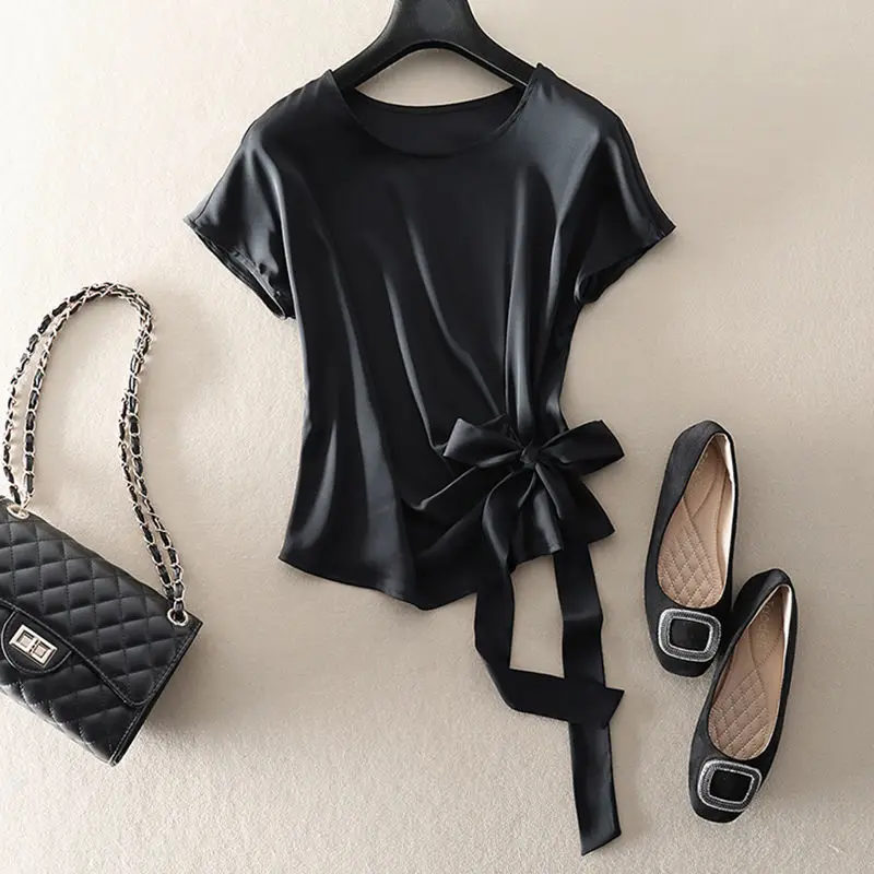 2021 summer thin silk like short sleeve T-shirt women's loose lace up slim mulberry silk top
2021 summer thin silk like short sleeve T-shirt women's loose lace up slim mulberry silk top