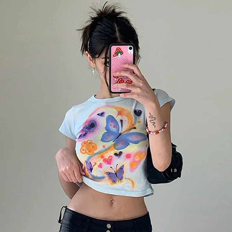 Vsstiar O Neck Casual Tees Shirts 2021 Summer Short Sleeve Sheath Women Outfits Streetwear Fashion Butterfly Print Crop Tops 
Vsstiar O Neck Casual Tees Shirts 2021 Summer Short Sleeve Sheath Women Outfits Streetwear Fashion Butterfly Print Crop Tops
