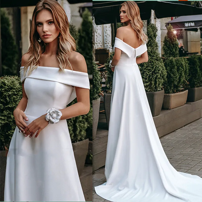 Simple Wedding Dress Boat Neck For Women Off The Shouder Custom Made Bride Downs Backless White Modest Satin Cheap 2022 
Simple Wedding Dress Boat Neck For Women Off The Shouder Custom Made Bride Downs Backless White Modest Satin Cheap 2022