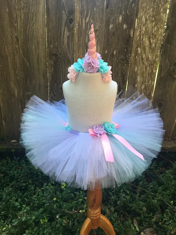 

1-9Y Girls Pastel Unicorn Tutu Skirt Baby Ballet Tulle Pettiskirt Tutus with Flower Headband Children Party Costume Skirts 3PCS