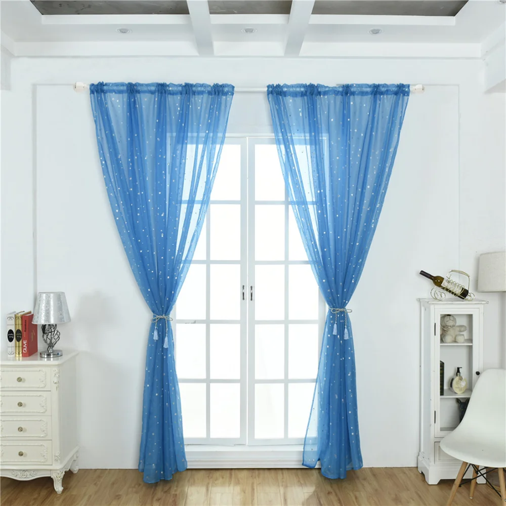 

Home Fashion Sheer Curtains Grommets Romantic Silver Star Foil Window Treatment for Girl Bedroom Glitter Stars Thin and