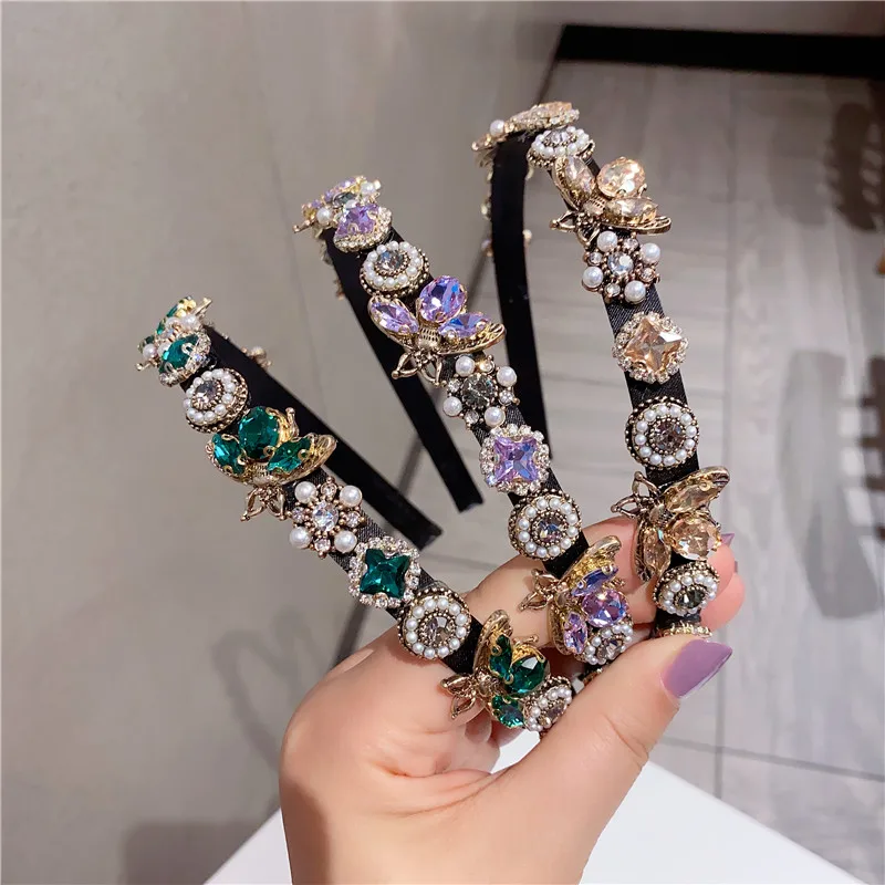 

Vintage Court Baroque Rhinestone Hairbands Women Green Purple Champagne Luxury Glitter Bees Pearl Headband Hair Accessories 2020