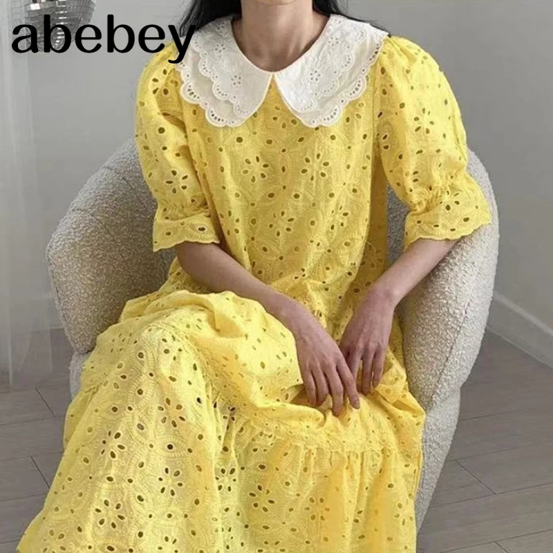 New Summer Women Sweet All-match doll collar puff sleeve Dress hollow out lace embroidery loose Dress 2021
New Summer Women Sweet All-match doll collar puff sleeve Dress hollow out lace embroidery loose Dress 2021