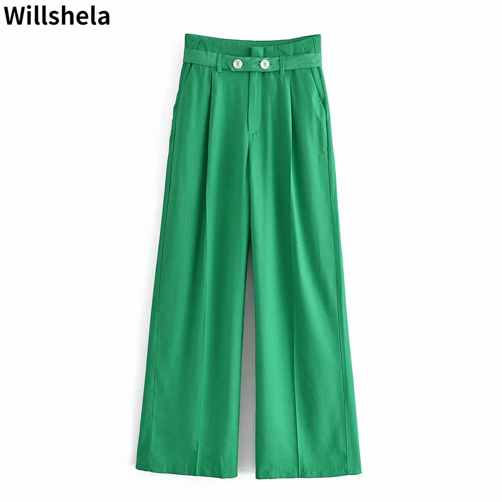 

Willshela/женские модные однотонные брюки с поясом на молнии спереди; Винтажные повседневные женские брюки с эластичной резинкой на талии