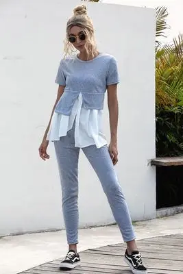 Summer Women's O-Neck Short Sleeve Irregular Splicing Top Fashion Casual Women's Sports Suit
Summer Women's O-Neck Short Sleeve Irregular Splicing Top Fashion Casual Women's Sports Suit