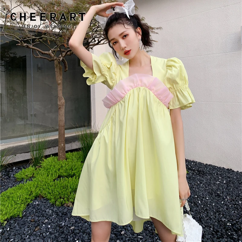 CHEERART Yellow Puff Sleeve Patchwork Organza Babydoll Dress Korean Fashion Short Sleeve Kawaii Cute Designer Summer Dress Women
CHEERART Yellow Puff Sleeve Patchwork Organza Babydoll Dress Korean Fashion Short Sleeve Kawaii Cute Designer Summer Dress Women