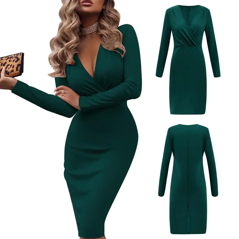 Women New Long Sleeve Deep V Neck Solid Slim SLong Dress Casual Simple High Stretchy Package Dress 
Women New Long Sleeve Deep V Neck Solid Slim SLong Dress Casual Simple High Stretchy Package Dress