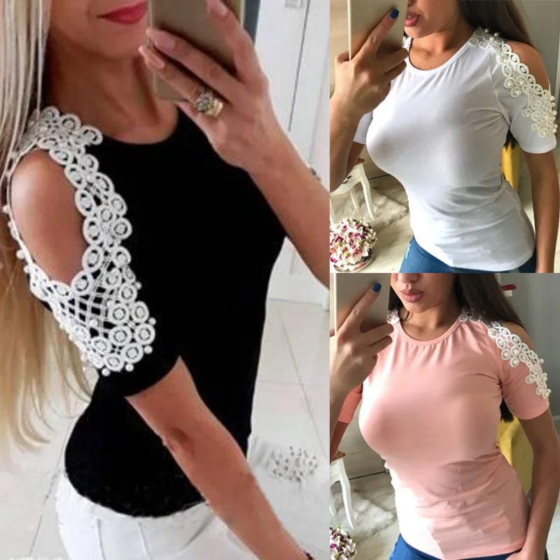 Ladies Fashion Slim Lace Beaded Off Shoulder Stitching Round Neck Tops Short Sleeved Blouse Women's T-shirt
Ladies Fashion Slim Lace Beaded Off Shoulder Stitching Round Neck Tops Short Sleeved Blouse Women's T-shirt