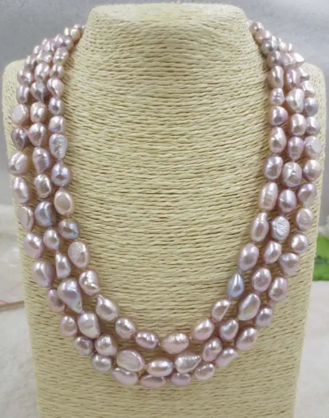 

3 row purple baroque 8-9mm genuine freshwater pearl necklace 17"-18"19"