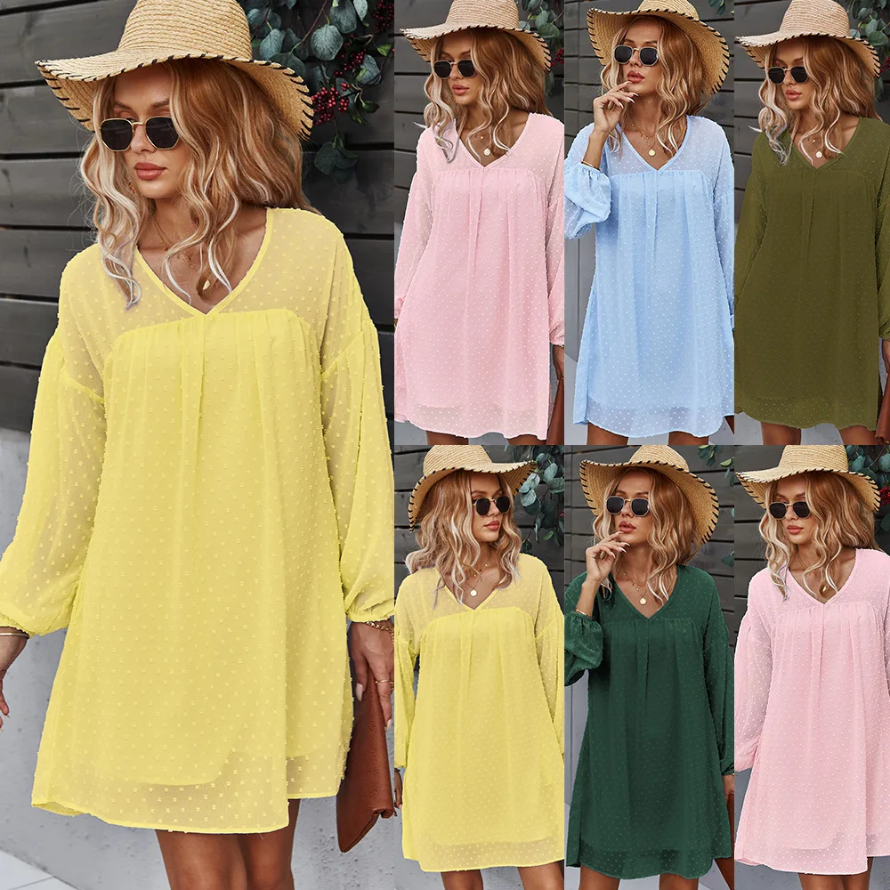 Casual Vacation Style Big Swing Short Dresses For Women 2021 Autumn And Winter V-Neck Sexy Dress Elegant Chiffon Patchwork Dress
Casual Vacation Style Big Swing Short Dresses For Women 2021 Autumn And Winter V-Neck Sexy Dress Elegant Chiffon Patchwork Dress