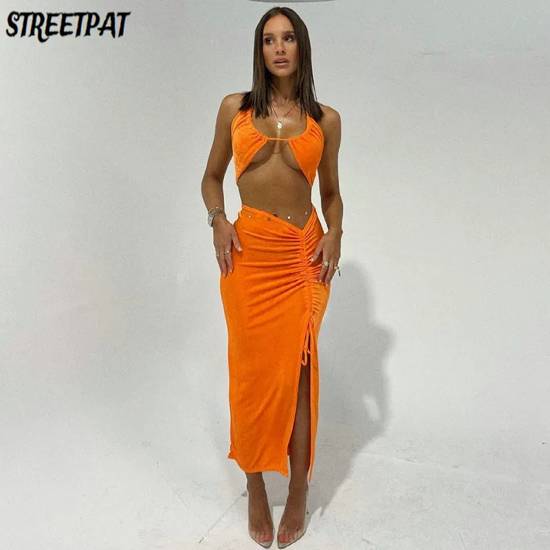 Solid Bandage Ruched Sexy Two Piece Set Women Skirt Sleeveless Halter Top+Side Slit Midi Skirt Festival Outfits Party Clothes
Solid Bandage Ruched Sexy Two Piece Set Women Skirt Sleeveless Halter Top+Side Slit Midi Skirt Festival Outfits Party Clothes