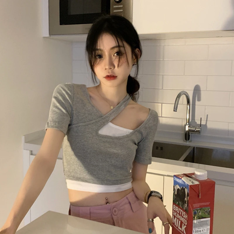 Woman Tshirts False Two Pieces Asymmetric Off Shoulder Tees Summer Hipster Streetwear Ladies Crop Top Korean Fashion Clothes 
Woman Tshirts False Two Pieces Asymmetric Off Shoulder Tees Summer Hipster Streetwear Ladies Crop Top Korean Fashion Clothes